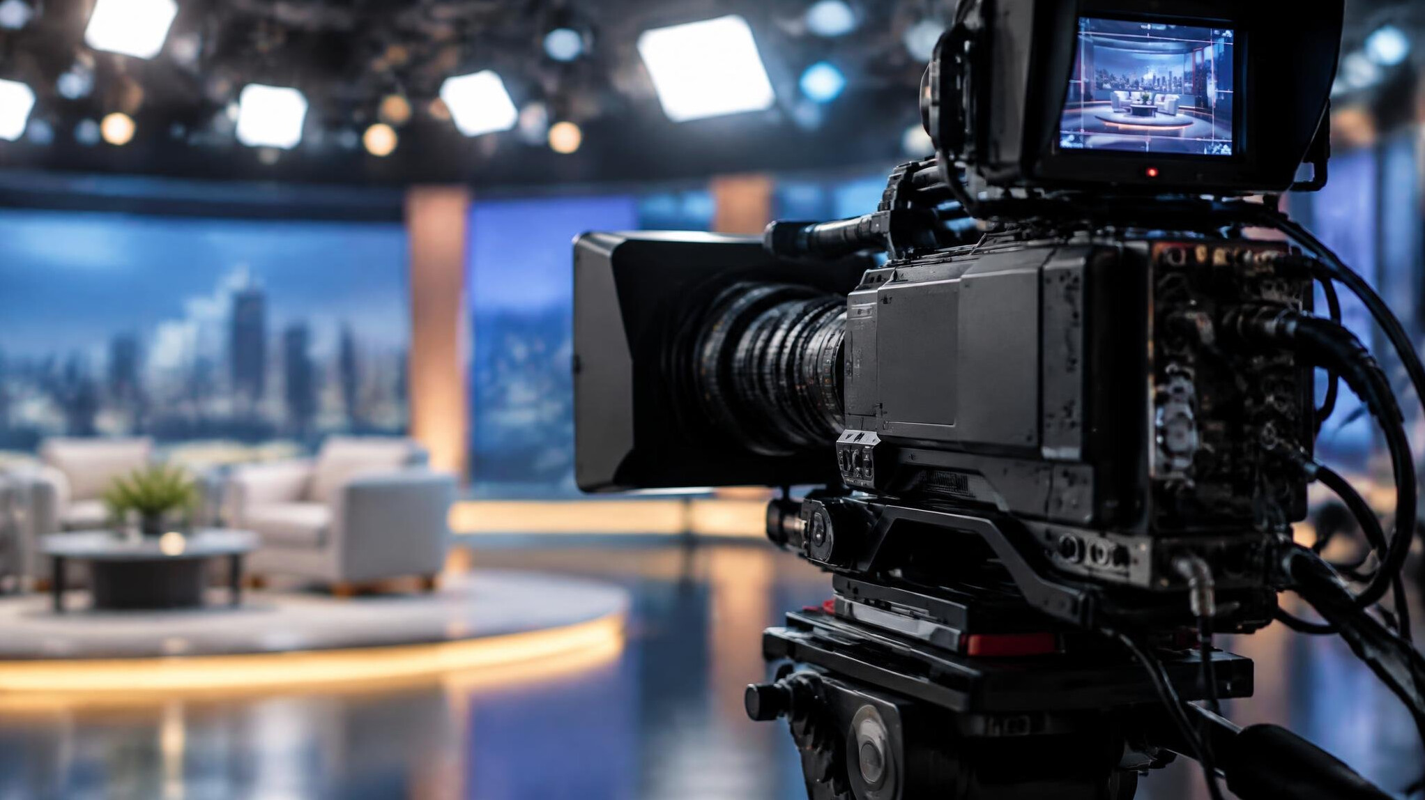 Close-up of a professional broadcast television camera on set
