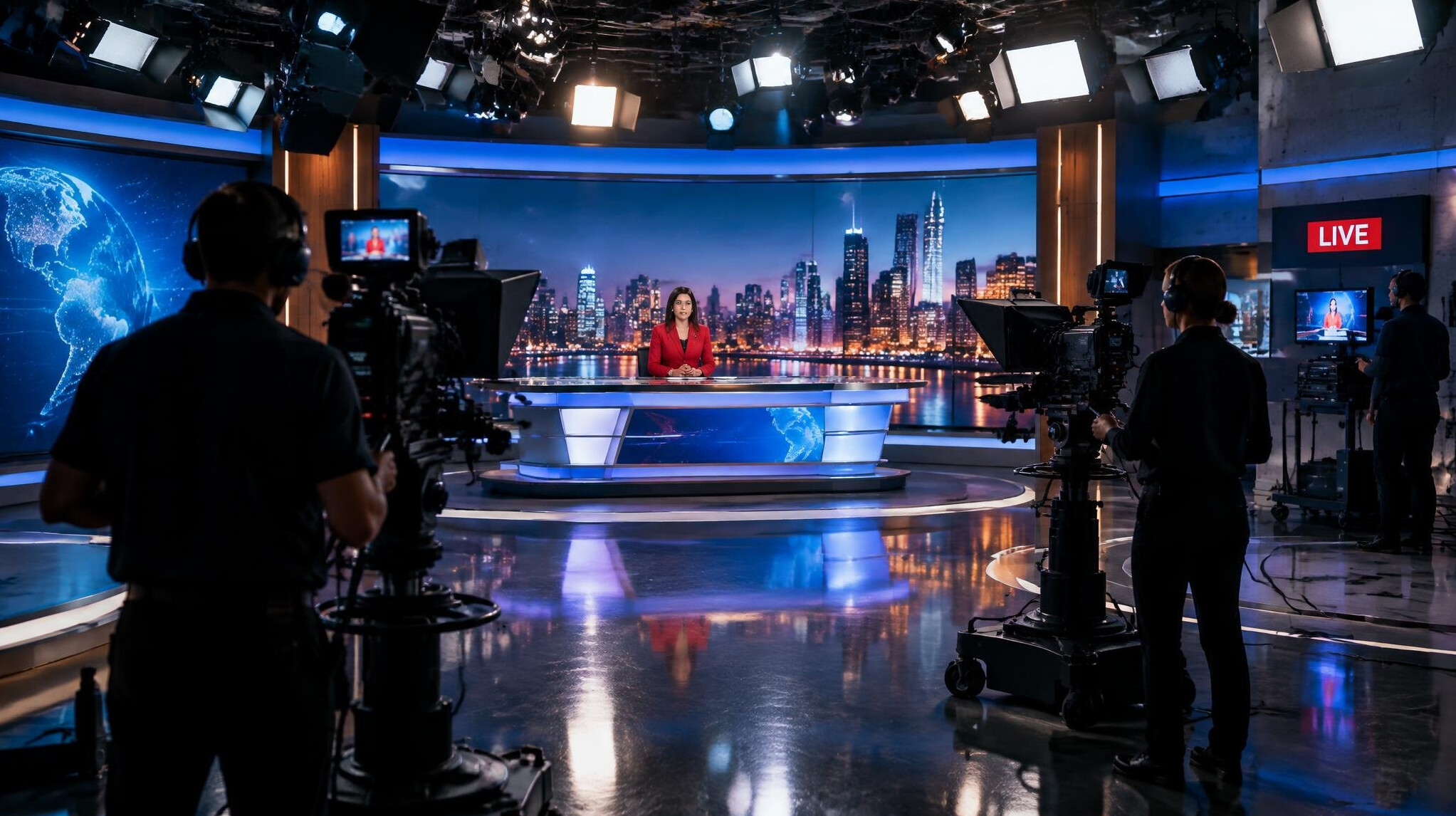 TV studio with cameras and lighting rigs during a live broadcast