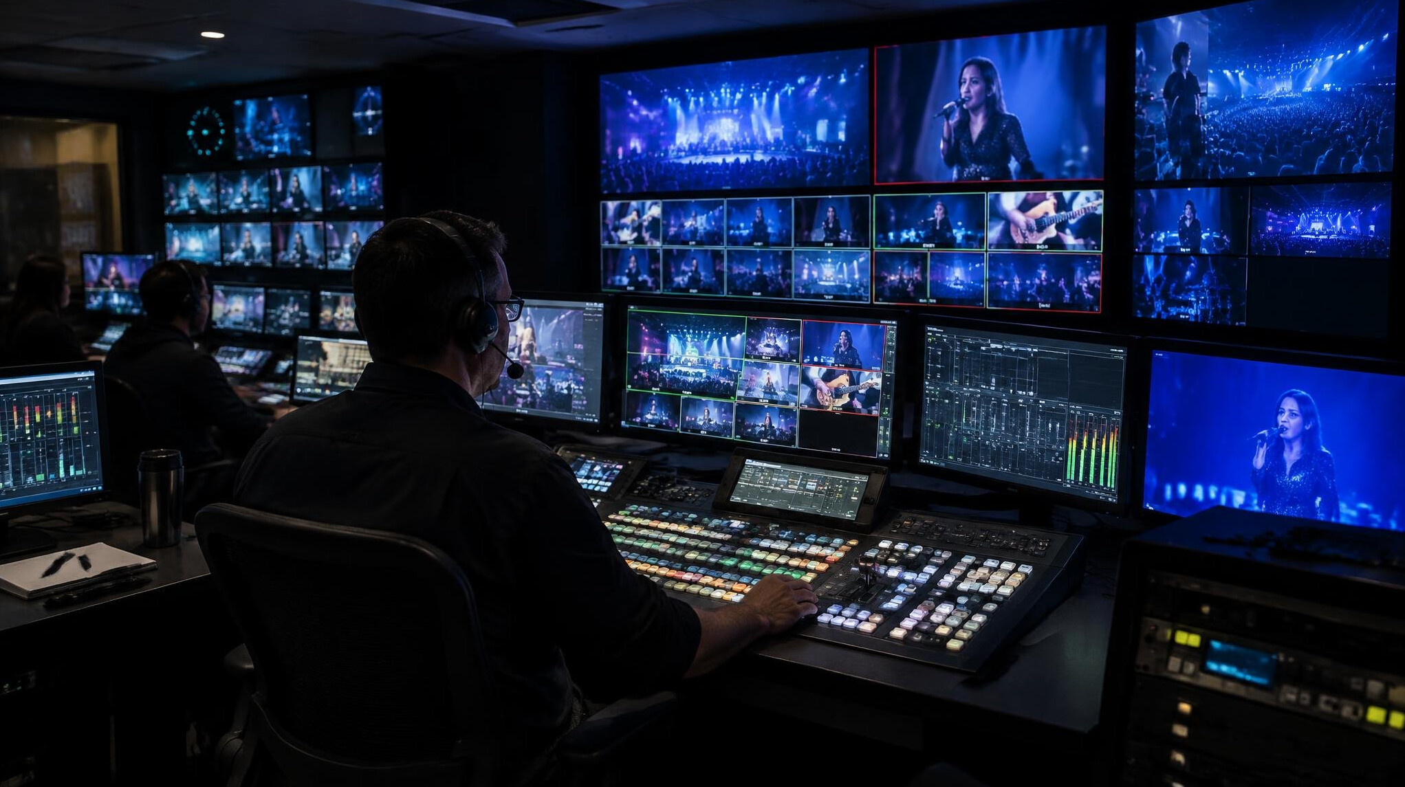 Broadcast control room with a technical director monitoring multiple live feed screens