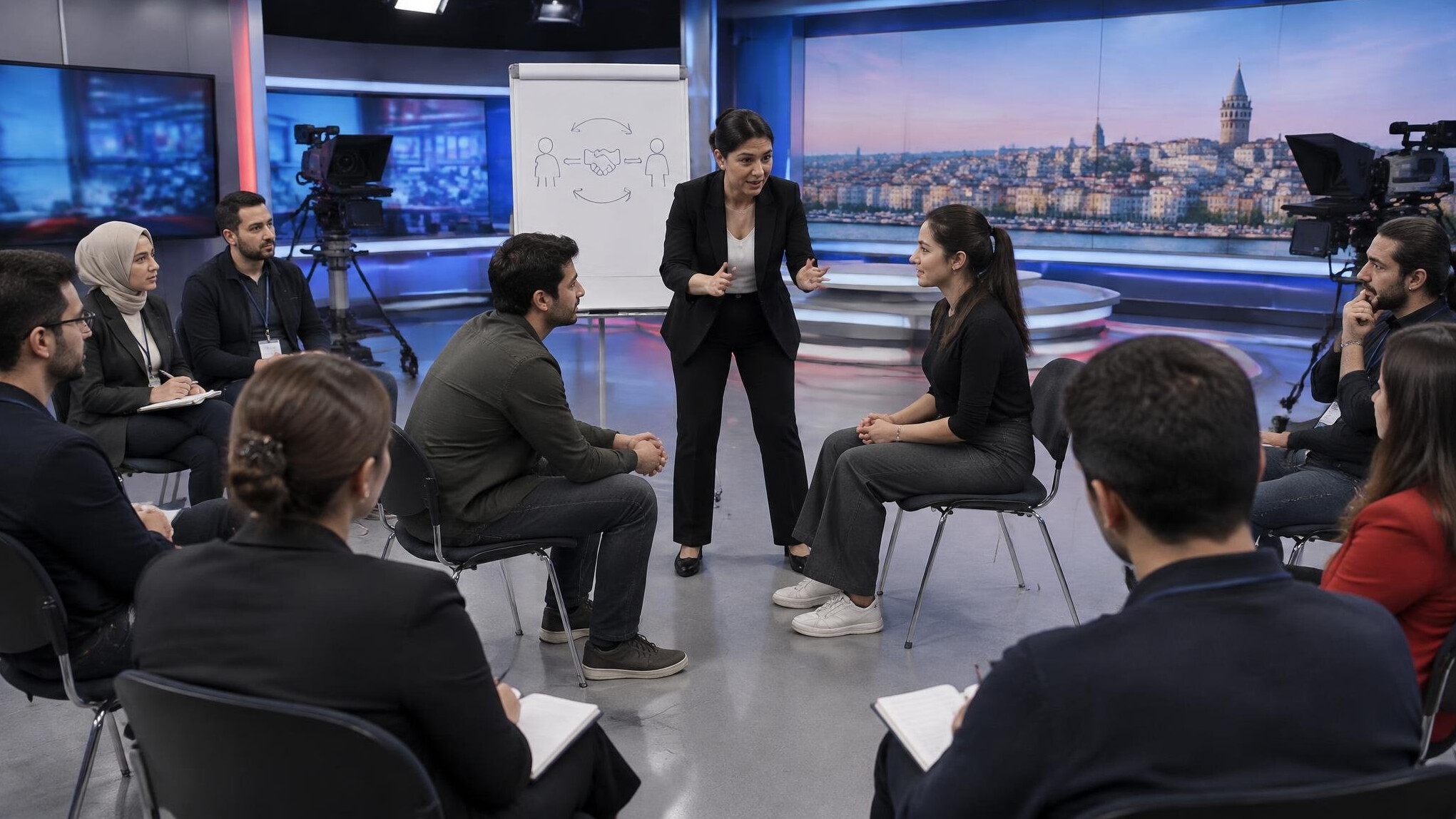 Media conflict resolution training workshop taking place in a studio