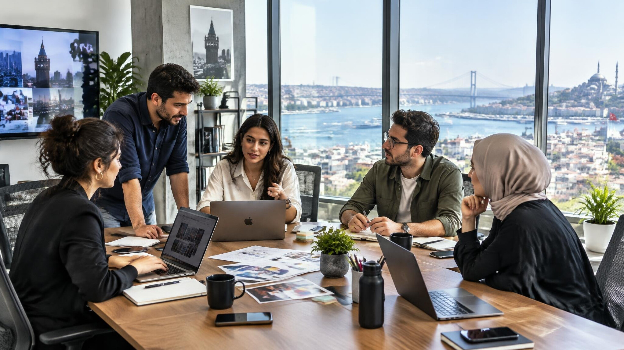 Modern media agency office with employees collaborating in a meeting